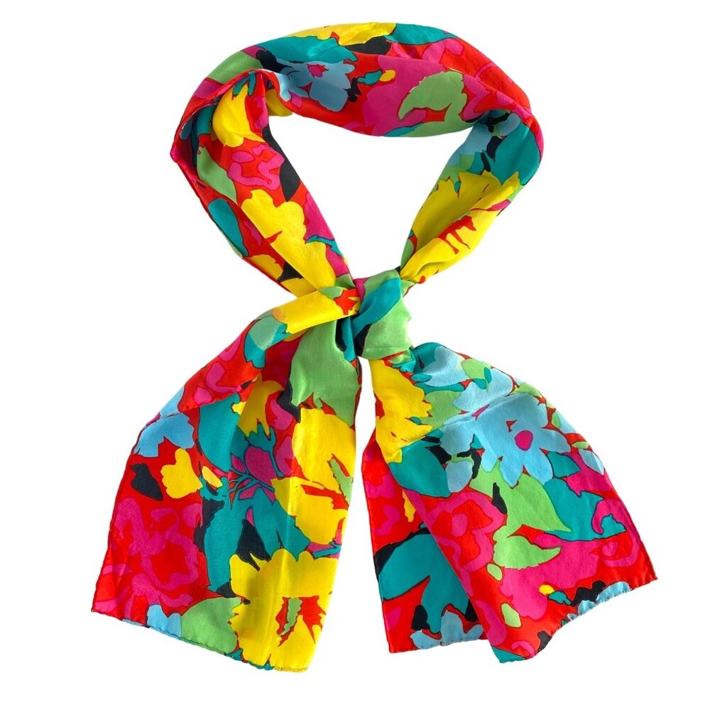 Bright Floral Silky Summer Scarf Long Skinny Rolled Edge 58x11in